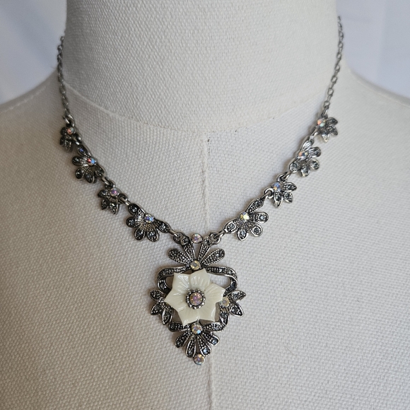 Jewelry - Silver Floral Statement Necklace Aurora Borealis Crystals
